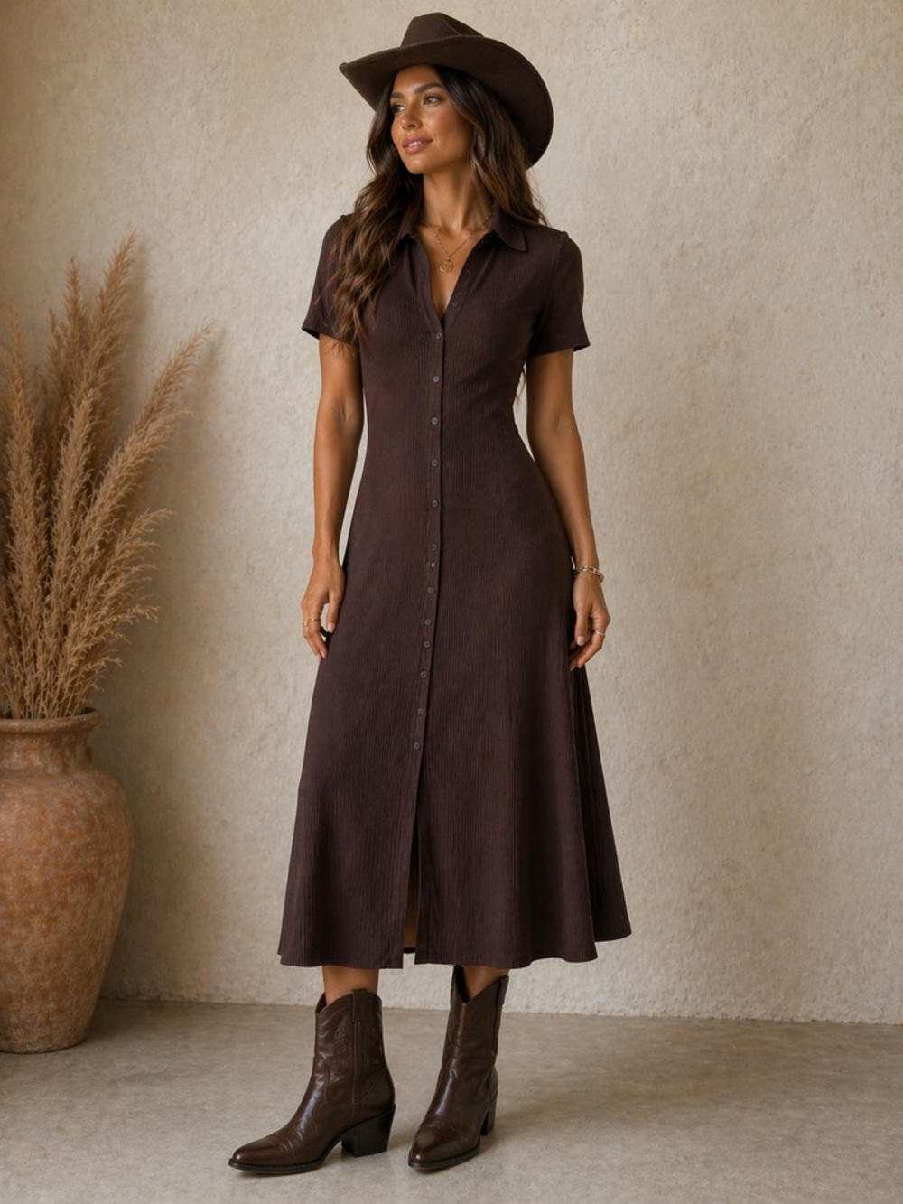 A New Day Women’s Brown Button-Front Collared Midi Dress